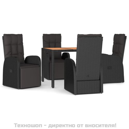 Градински трапезен комплект, 5 части, черен, полиратан и акация