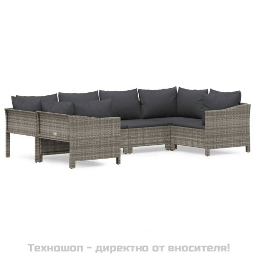 Градински комплект с възглавници, 6 части, полиратан, сив