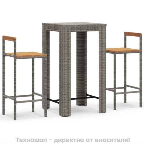Градински бар комплект 3 части сив полиратан и акация масив
