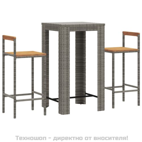Градински бар комплект 3 части сив полиратан и акация масив