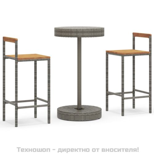 Градински бар комплект 3 части сив полиратан и акация масив