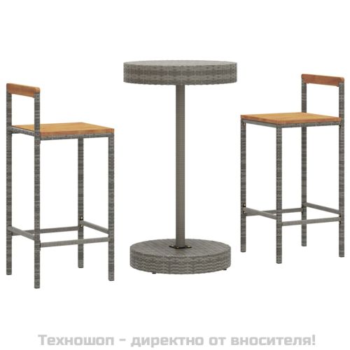 Градински бар комплект 3 части сив полиратан и акация масив