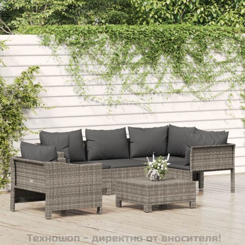 Градински комплект с възглавници, 6 части, полиратан, сив