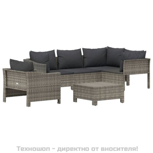 Градински комплект с възглавници, 6 части, полиратан, сив