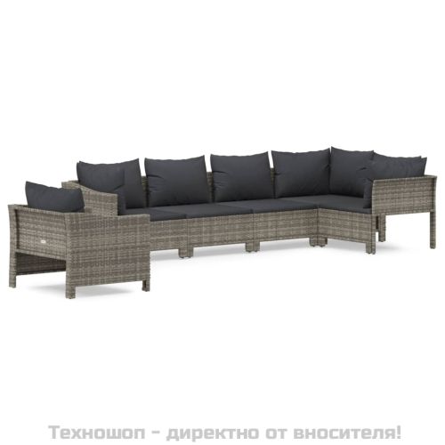 Градински комплект с възглавници, 6 части, полиратан, сив