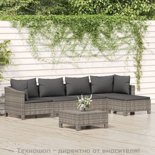 Градински комплект с възглавници, 6 части, полиратан, сив