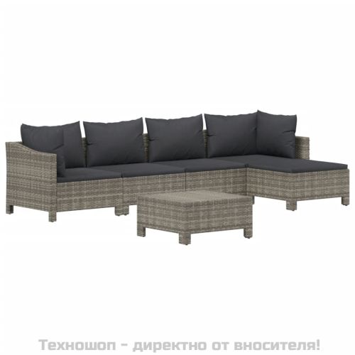 Градински комплект с възглавници, 6 части, полиратан, сив