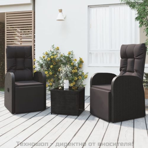 Градински лаундж комплект от 3 части черен полиратан и стомана