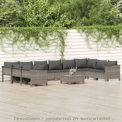 Градински комплект с възглавници, 11 части, сив, полиратан