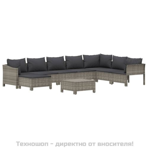 Градински лаундж комплект с възглавници 9 части сив полиратан