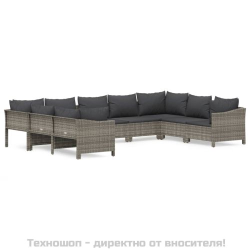 Градински лаундж комплект с възглавници 9 части сив полиратан