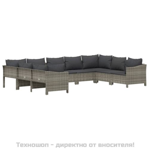Градински лаундж комплект с възглавници 9 части сив полиратан