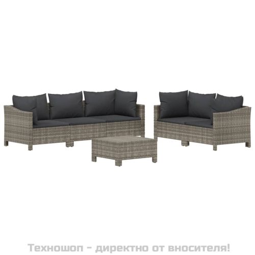 Градински комплект с възглавници, 6 части, полиратан, сив