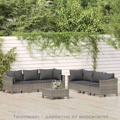 Градински лаундж комплект с възглавници 7 части полиратан сив