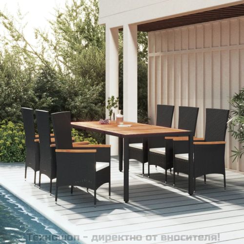 Градински трапезен комплект 7 части възглавници черен полиратан