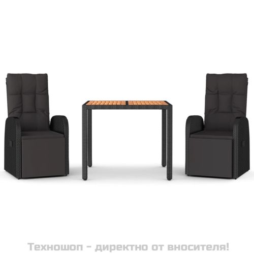 Градински трапезен комплект, 3 части, черен, полиратан и акация