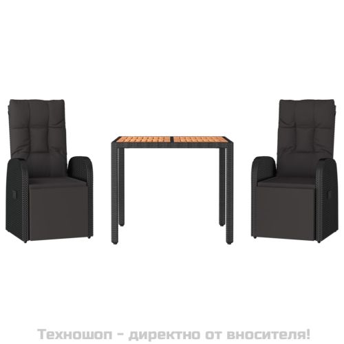 Градински трапезен комплект, 3 части, черен, полиратан и акация