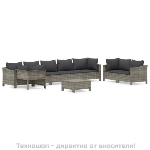 Градински лаундж комплект с възглавници 9 части сив полиратан