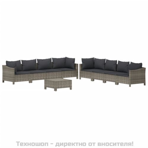 Градински лаундж комплект с възглавници 9 части сив полиратан