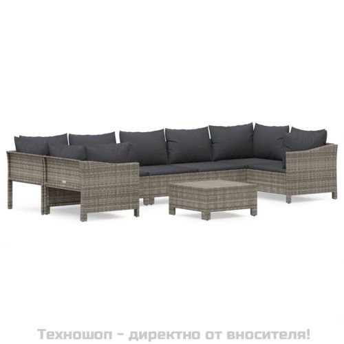 Градински комплект с възглавници, 8 части, полиратан, сив