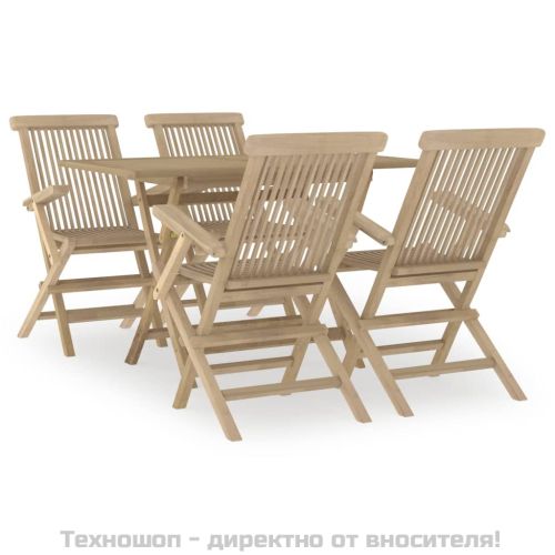 Градински трапезен комплект, 5 части, сив, тиково дърво масив