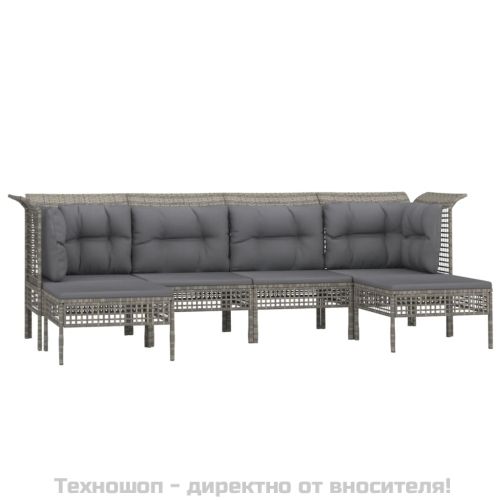Градински комплект с възглавници, 6 части, полиратан, сив