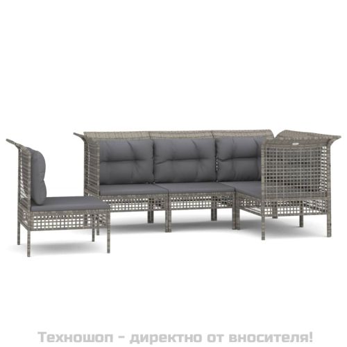 Градински лаундж комплект с възглавници 5 части сив полиратан