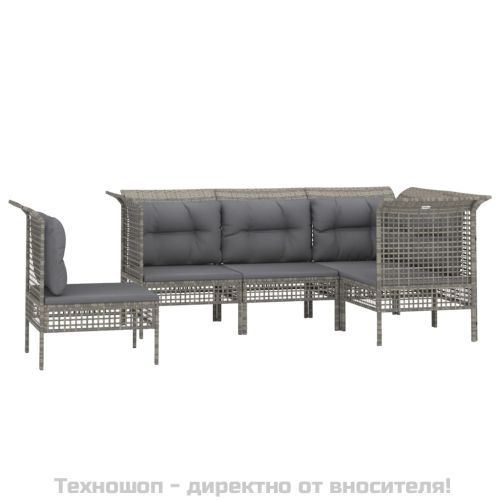 Градински лаундж комплект с възглавници 5 части сив полиратан