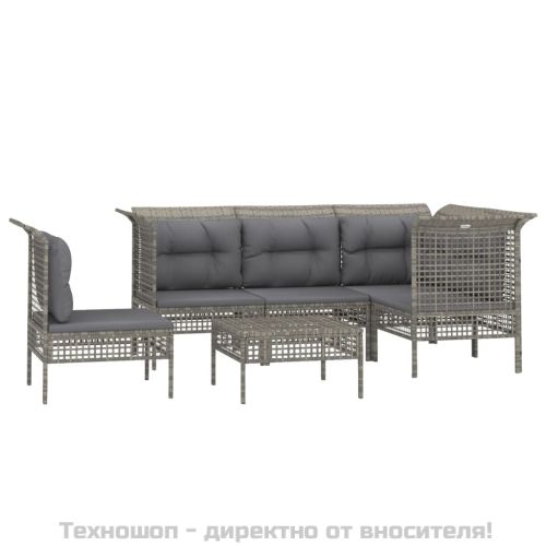 Градински комплект с възглавници, 6 части, полиратан, сив
