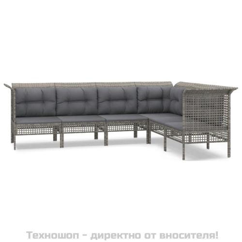 Градински комплект с възглавници, 6 части, полиратан, сив