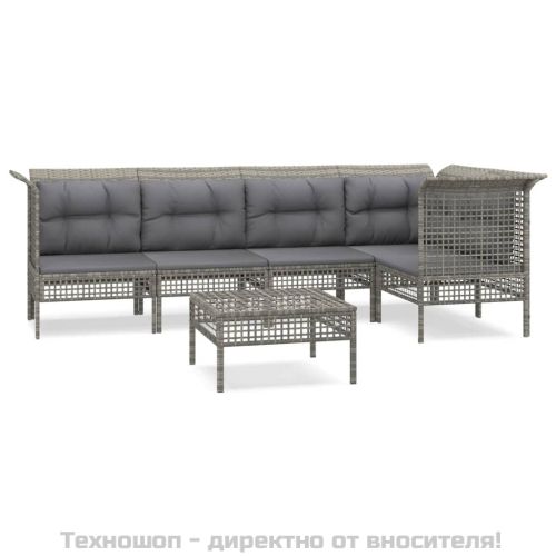 Градински комплект с възглавници, 6 части, полиратан, сив