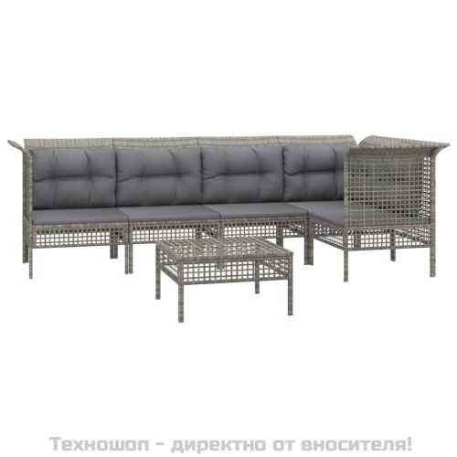 Градински комплект с възглавници, 6 части, полиратан, сив