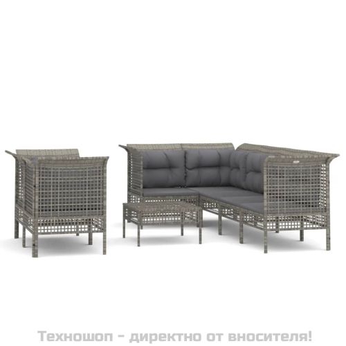 Градински комплект с възглавници, 8 части, полиратан, сив