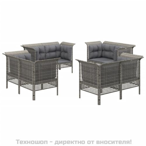 Градински комплект с възглавници, 8 части, полиратан, сив