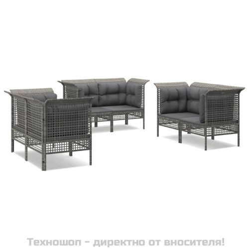 Градински комплект с възглавници, 6 части, полиратан, сив