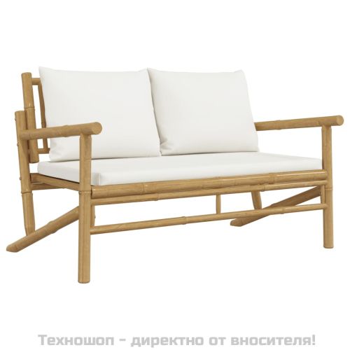 Градинска пейка с кремавобели възглавници, бамбук