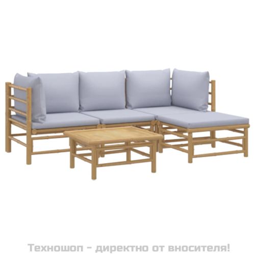 Градински лаундж комплект 5 части светлосиви възглавници бамбук