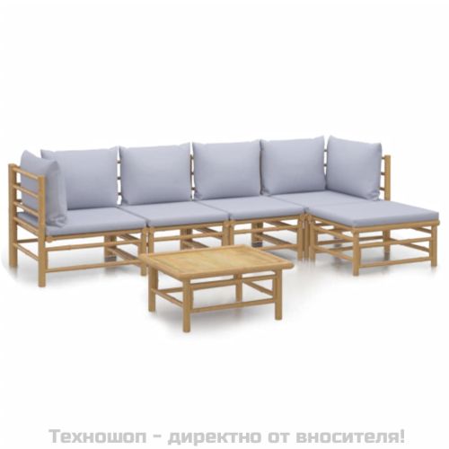 Градински лаундж комплект 6 части светлосиви възглавници бамбук