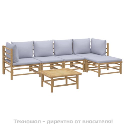 Градински лаундж комплект 6 части светлосиви възглавници бамбук
