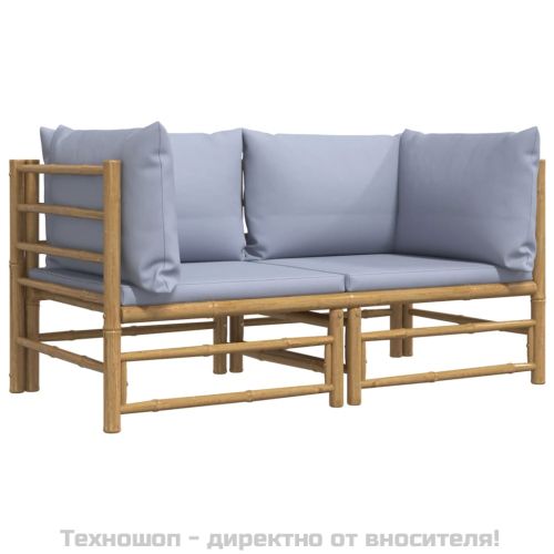 Градински ъглови дивани, 2 бр, светлосиви възглавници, бамбук