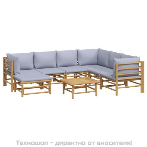 Градински лаундж комплект 8 части светлосиви възглавници бамбук