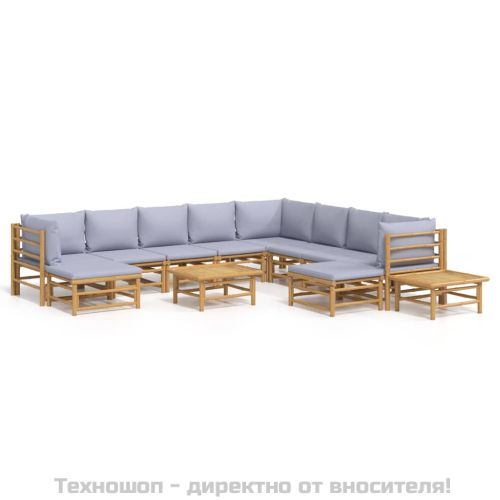 Градински лаундж комплект, 12 части, сиви възглавници, бамбук
