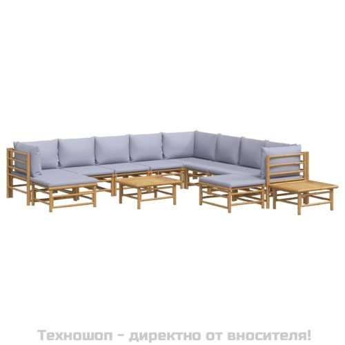 Градински лаундж комплект, 12 части, сиви възглавници, бамбук