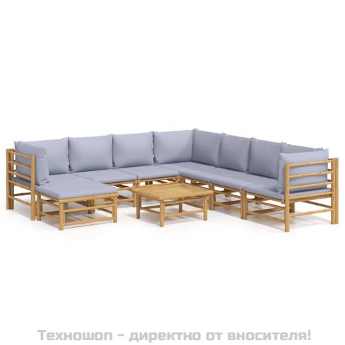 Градински лаундж комплект 9 части светлосиви възглавници бамбук