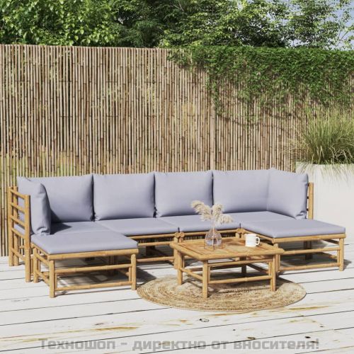 Градински лаундж комплект 7 части светлосиви възглавници бамбук