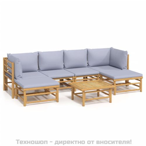 Градински лаундж комплект 7 части светлосиви възглавници бамбук