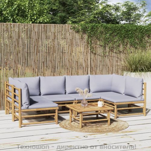 Градински лаундж комплект 7 части светлосиви възглавници бамбук