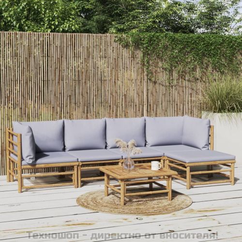 Градински лаундж комплект 6 части светлосиви възглавници бамбук