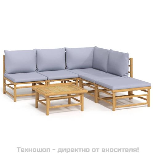 Градински лаундж комплект 6 части светлосиви възглавници бамбук