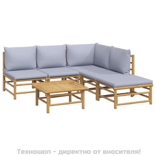 Градински лаундж комплект 6 части светлосиви възглавници бамбук